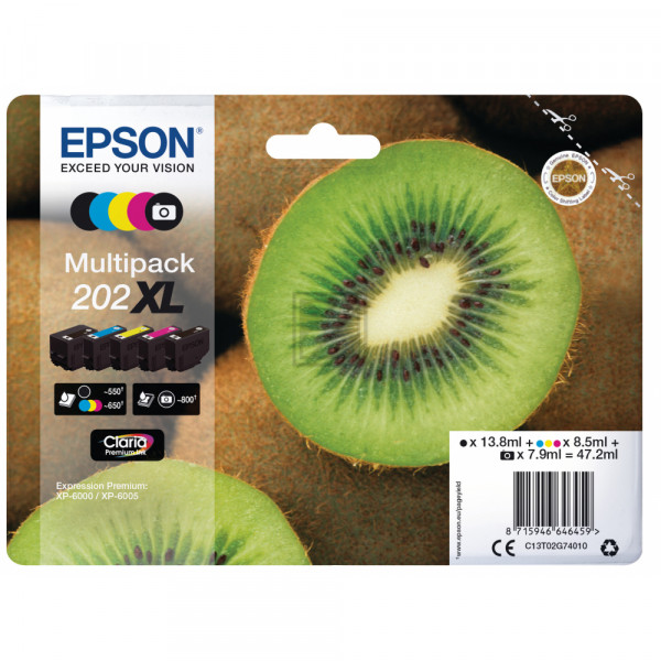 Epson Tintenpatrone gelb, cyan, magenta, schwarz, schwarz photo HC (C13T02G74010, 202XL)