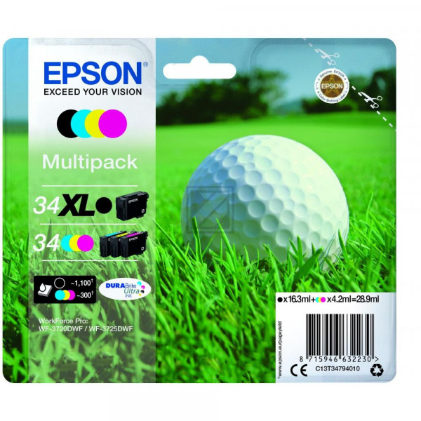 Epson Tintenpatrone gelb, cyan, magenta, schwarz HC (C13T34794010, T3479)